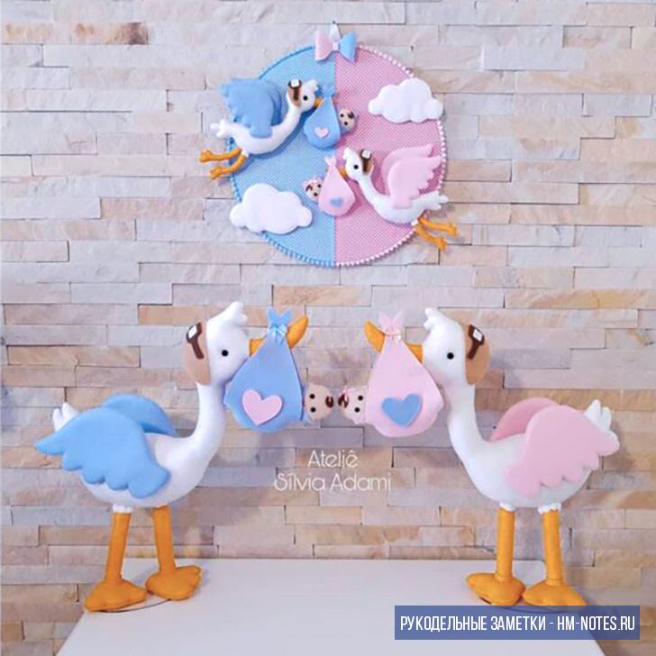 Выкройка стоящего аиста и панно с аистами держащих младенцев