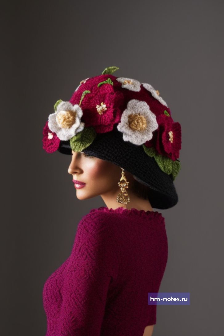 вязаная шапка купол с цветами