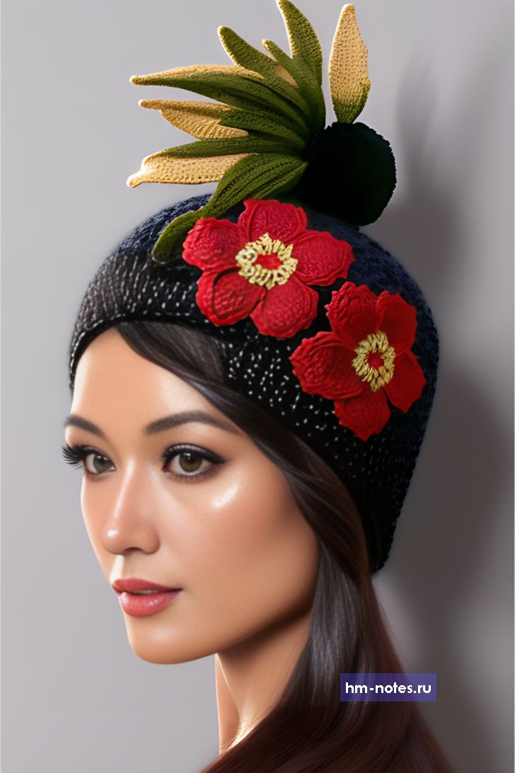 вязаная шапка чалма с цветами