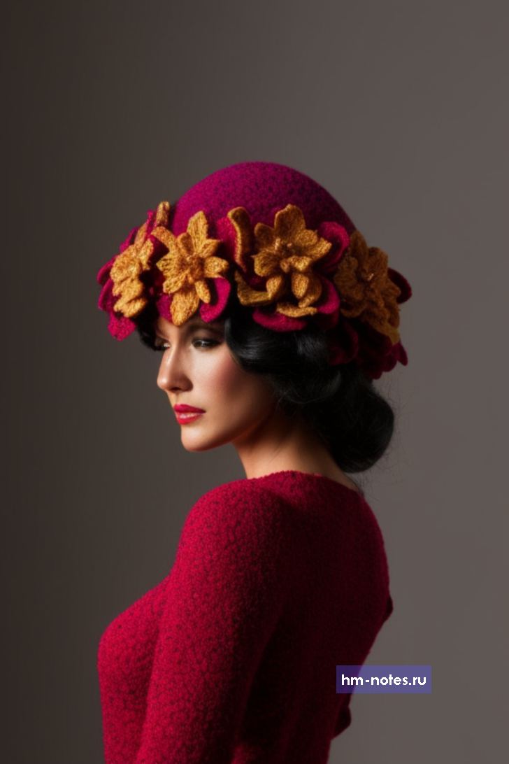 вязаная шапка купол с цветами
