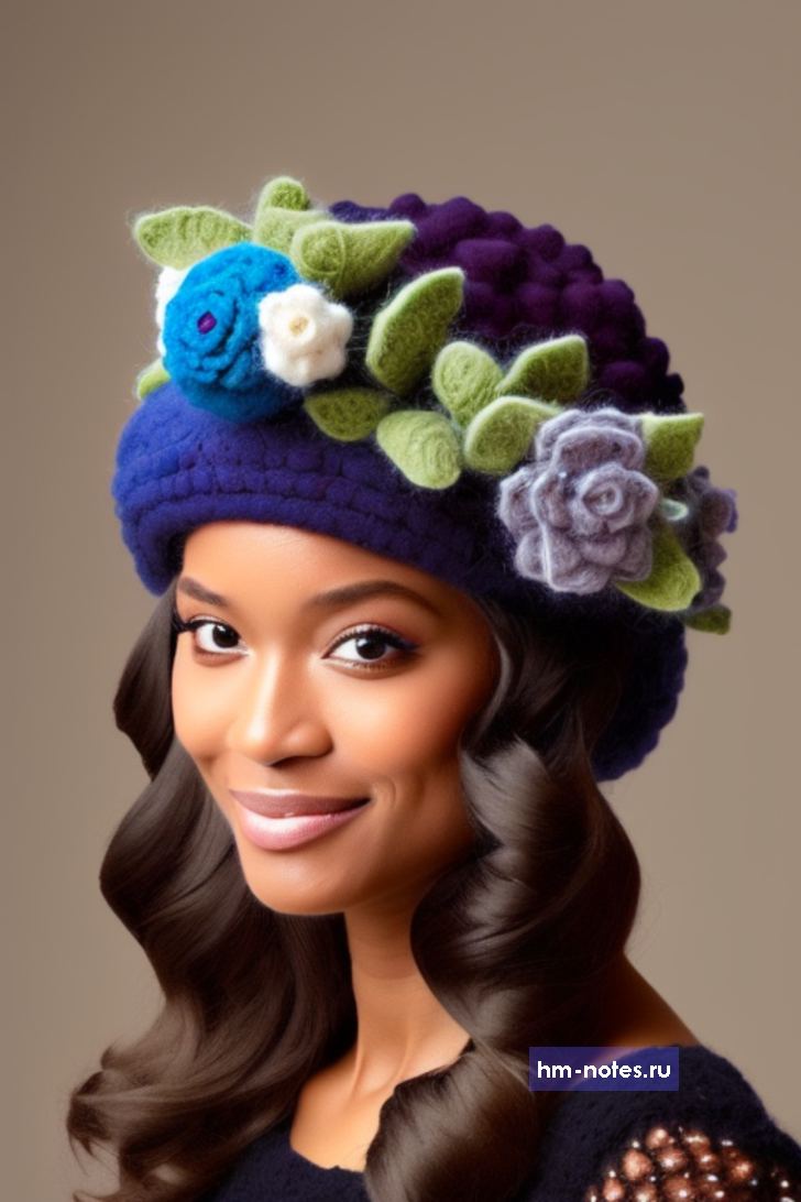 вязаная шапка чалма с цветами