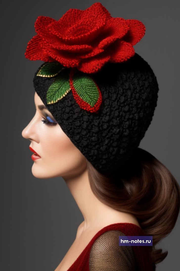 вязаная шапка бини с цветком